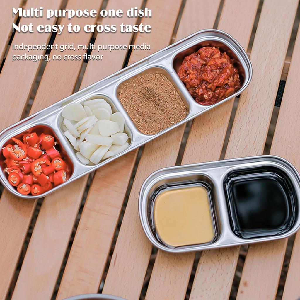 1/2/3/4-grid Seasoning Dish 304 Stainless Steel Compartment Divided Sauce Plate Corrosion Resistant Tableware for Outdoor Picnic