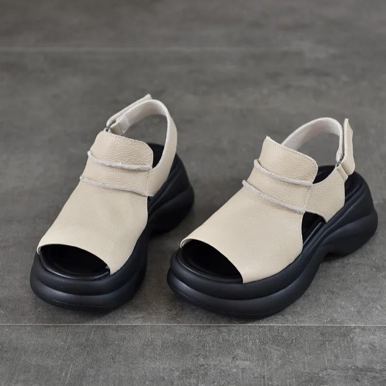 Johnature Sandálias Leves de Sola Grossa com Peep Toe Versátil Casual Couro Genuíno Sola Macia Sapatos Femininos
