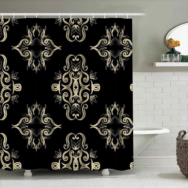 Luxury Golden Floral Print Bathroom Shower Curtain Modern European Style Decor Home Decoration Waterproof Fabric Black And Gold