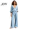 Casual Two-piece Outfit Women's 2 Piece Cotton Linen Set, Long Sleeve V Neck Blouse Spring Autumn Women Wear And Wide Leg Pants Matching Summer