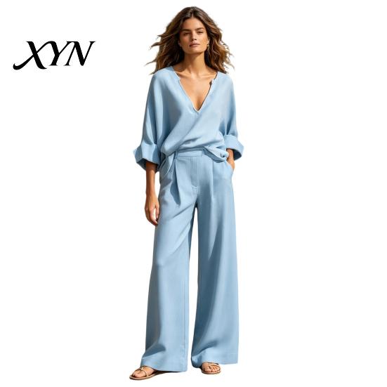 Casual Two-piece Outfit Women's 2 Piece Cotton Linen Set, Long Sleeve V Neck Blouse Spring Autumn Women Wear And Wide Leg Pants Matching Summer