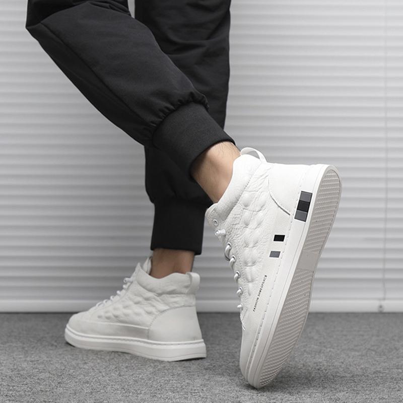 100% Genuine Leather Shoes Men High Top Fashion Flat Brand Black White Casual Shoes Cool Street Style Young Male Footwear Plus Size 48