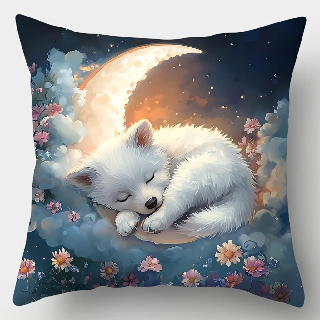 Sleepy Puppy & Moonlit Floral PillowcaseLiving Room Sofa Cushion Cover, Soft and Comfortable, Bedroom Room Decoration