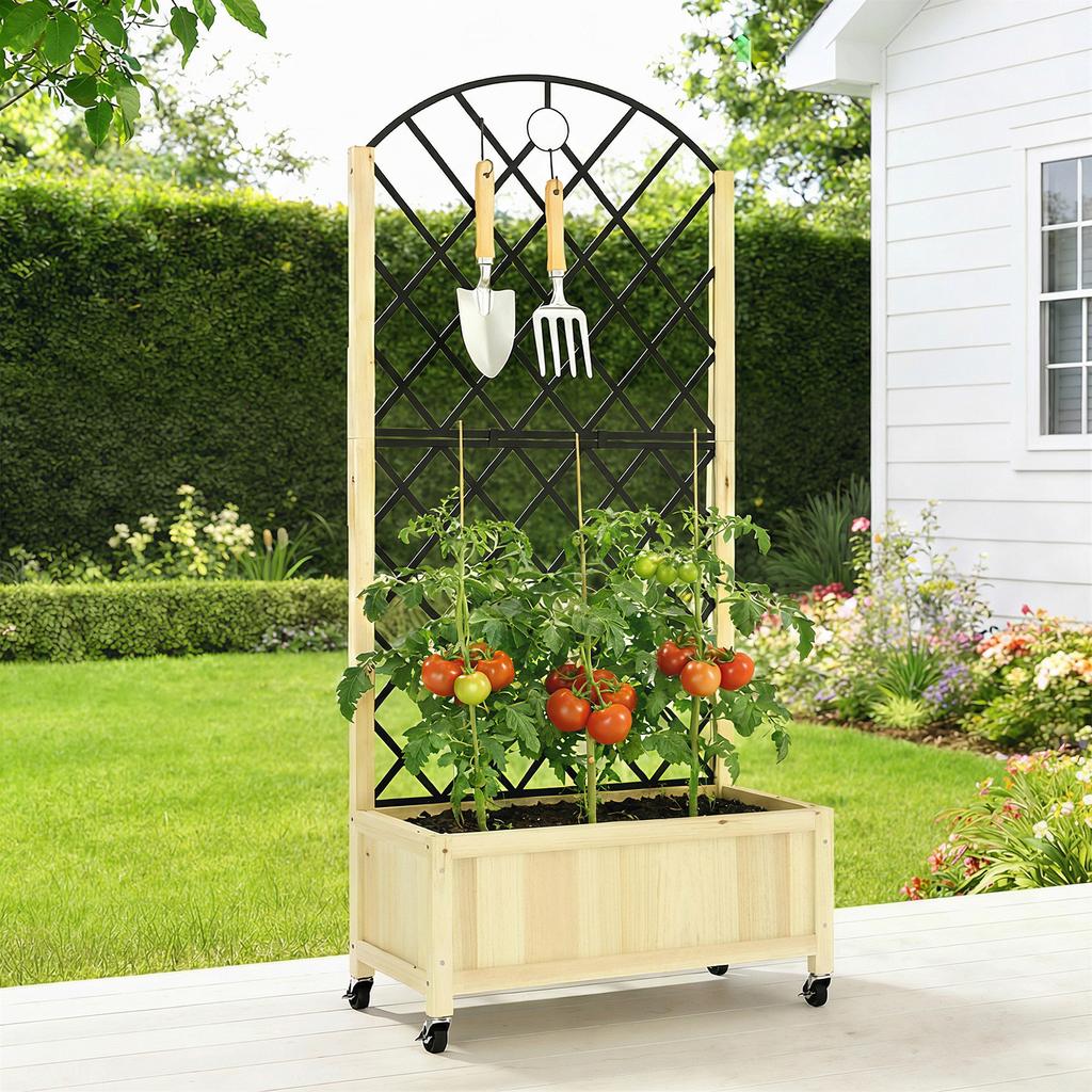 Raised Garden Bed with Metal Trellis, Wooden Elevated Planter Box with Lockable Wheels, Outdoor Raised Planter, Natural