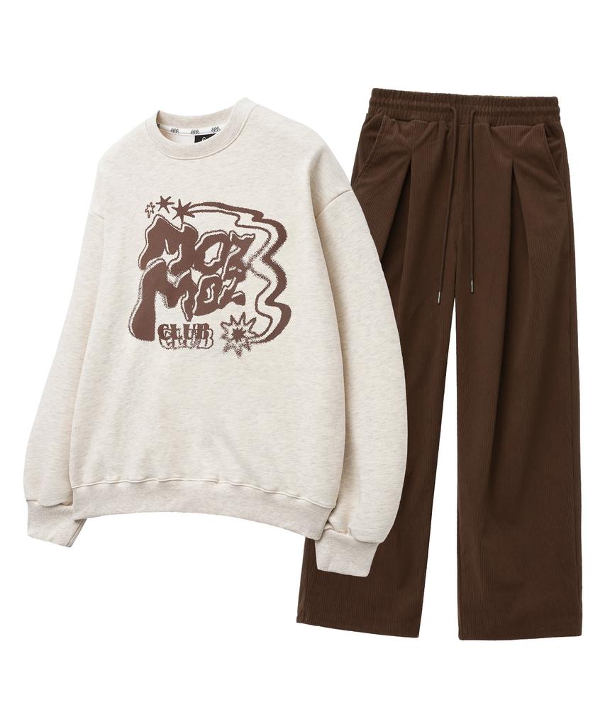 MOZMOZ [Set] Twinkle Oversized Sweatshirt + Corduroy One-Pleat Wide Pants Oatmeal