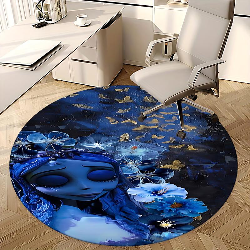 Ethereal Blue Floral Chair Mat - Round Carpet for Home Decor, Office Use, Living Room, Bedroom, Gift Idea0242b