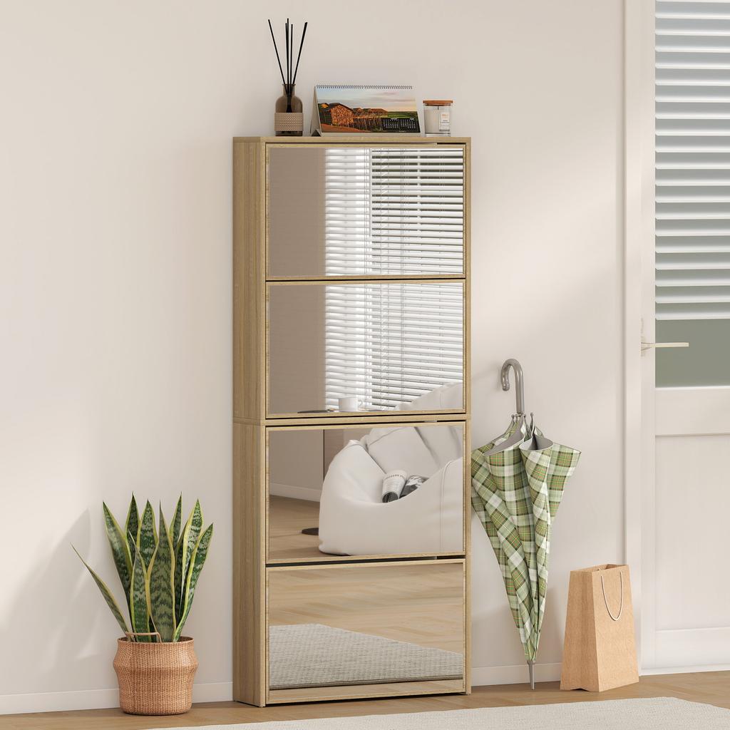 Schmaler Schuhschrank mit Spiegel und 4 Klapptüren für 12 Paar Schuhe 63x17x146 cm Natur
