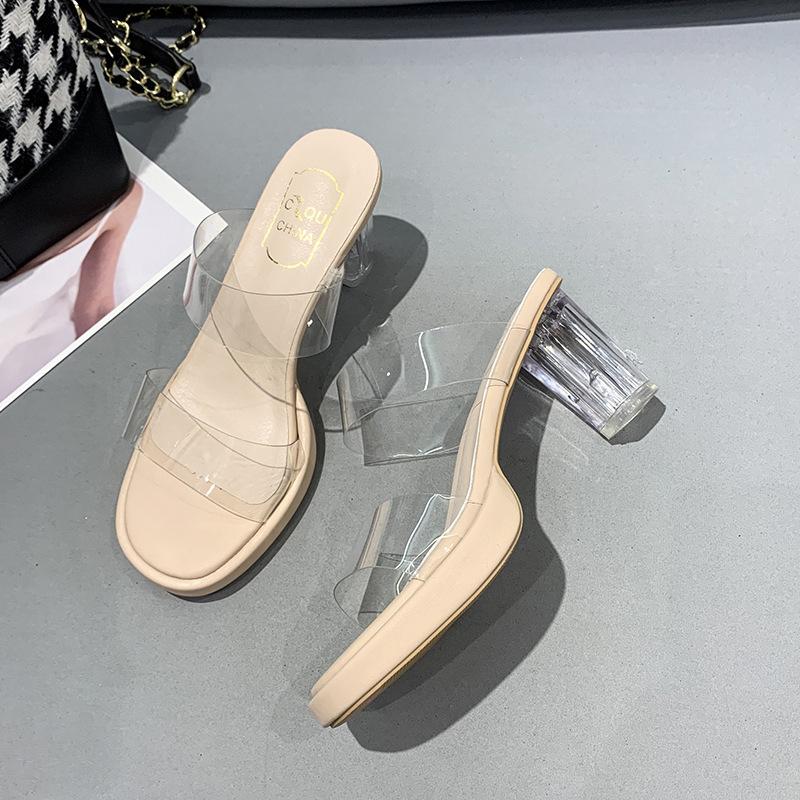 2025 new crystal sense word belt women's summer small wear high heels transparent slippers public design thick heel sandals