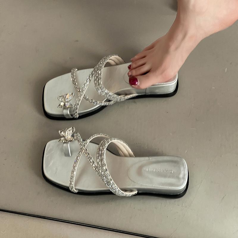 With Skirt Rhinestone Beach Flip-flops Sandals Women's 2025 New Summer Wear Wedge Heel Beautiful Set of Toe Cool Slippers