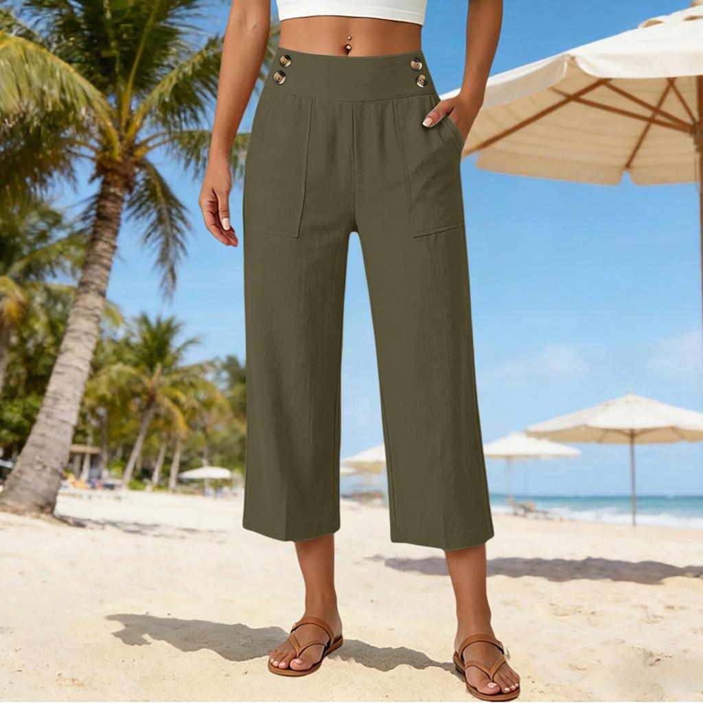 Women's Loose Fit Solid Color Straight Leg Elastic Waist Beach Capris Casual Pants with Button Detail and Side Pockets