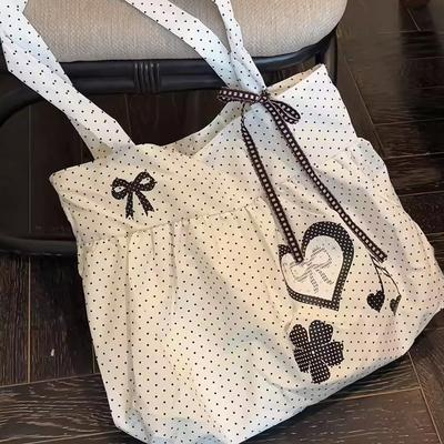 Korean Polka Dot Tote Bag Cute Bow Love Retro Music Note Shoulder Bag Large Capacity Cotton Travel Out