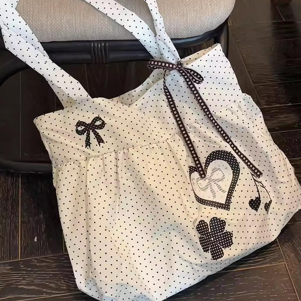 Korean polka dot tote bag cute bow love retro music note shoulder bag large capacity cotton travel out