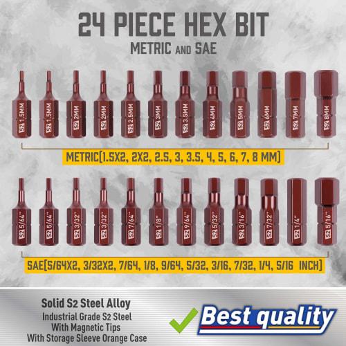 Amartisan Hex Head Allen Wrench Drill Bit Set, Metric and SAE S2 Steel Hex Bit Set, 1 Inch Long
