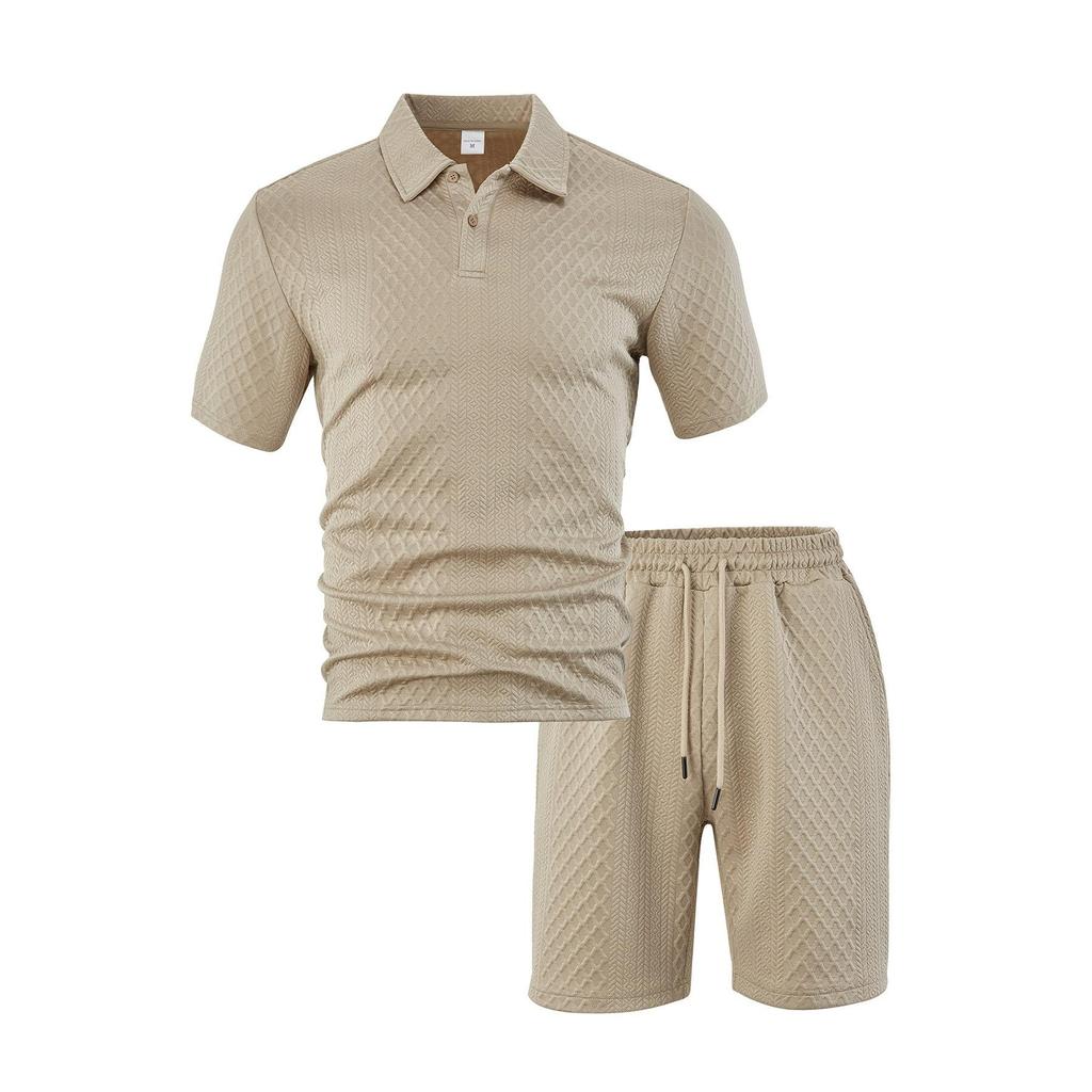 Men's Casual Breathable Button-down Placket Polo Shirt Solid Color High-quality Stand-up Collar Short-sleeved Shorts Set