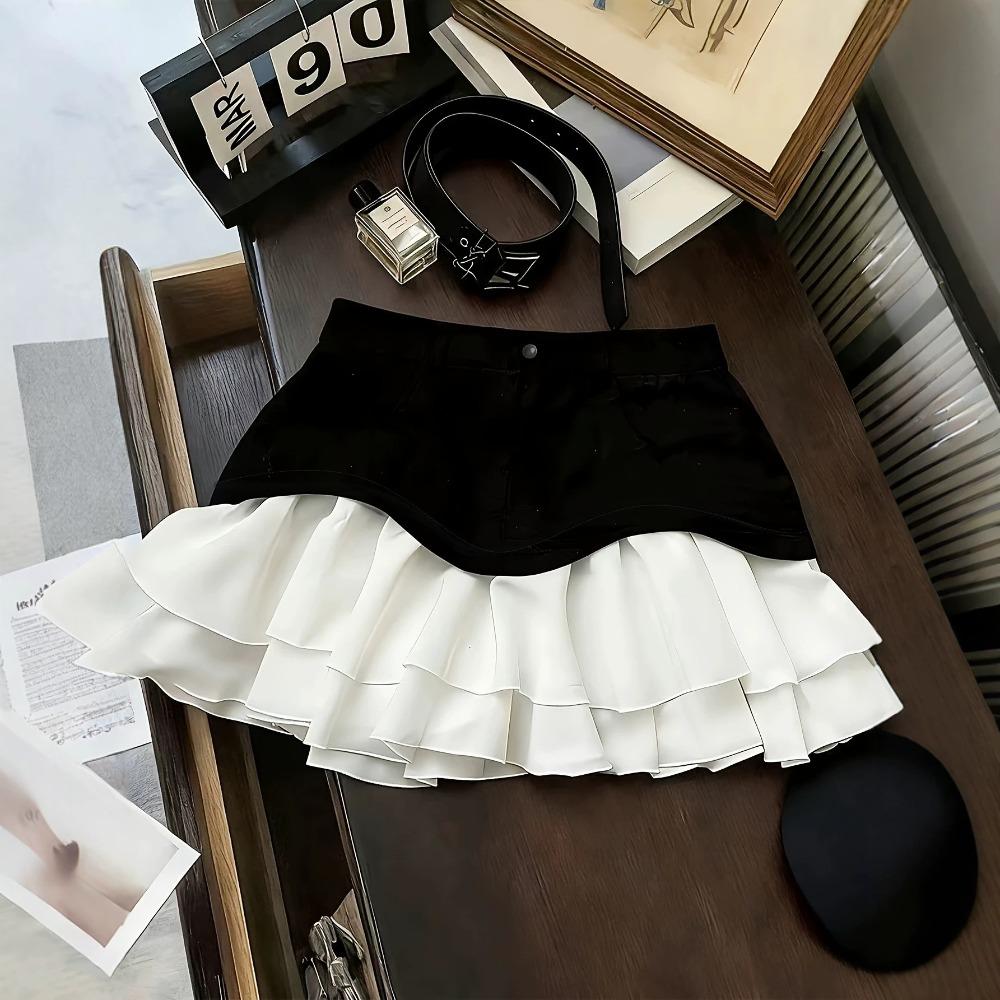 Women's Elastic Waist Color Block Mini Skirt A Line Tiered Skirt Elegant Ruffle Layered Cake Skirt