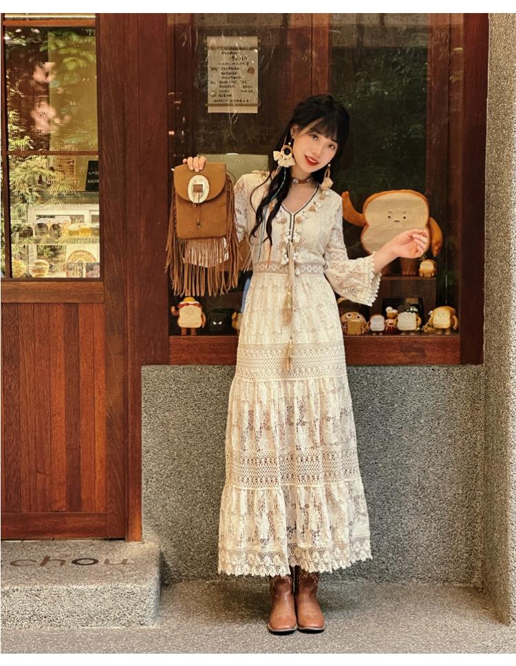 New slimming Bohemian fringe lace vacation style high-waisted slimming apricot long dress is super fairy-tale