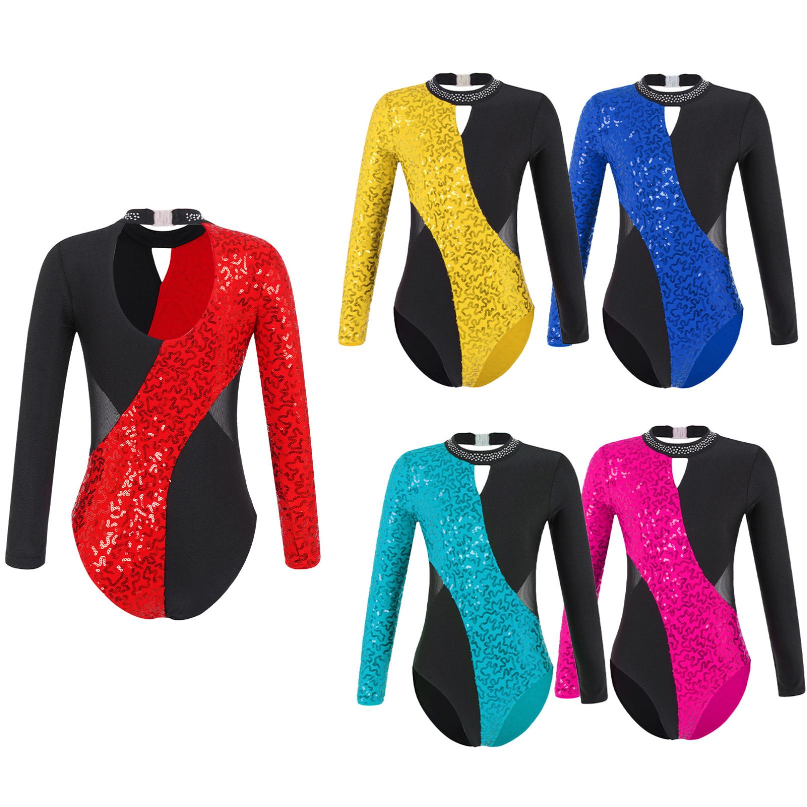 

Стильний одяг для дітей, дівчаток, довгі рукави, порожня спина, блискучі паєтки, танцювальні гімнастичні купальники 3-4 Years королівський синій колір