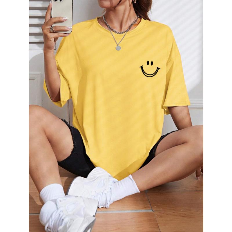 Happy Expression Printed Womens Cotton Short Sleeve Street Hip Hop Tee Clothing All-math Breathable Tops Crewneck Woman T-Shirts