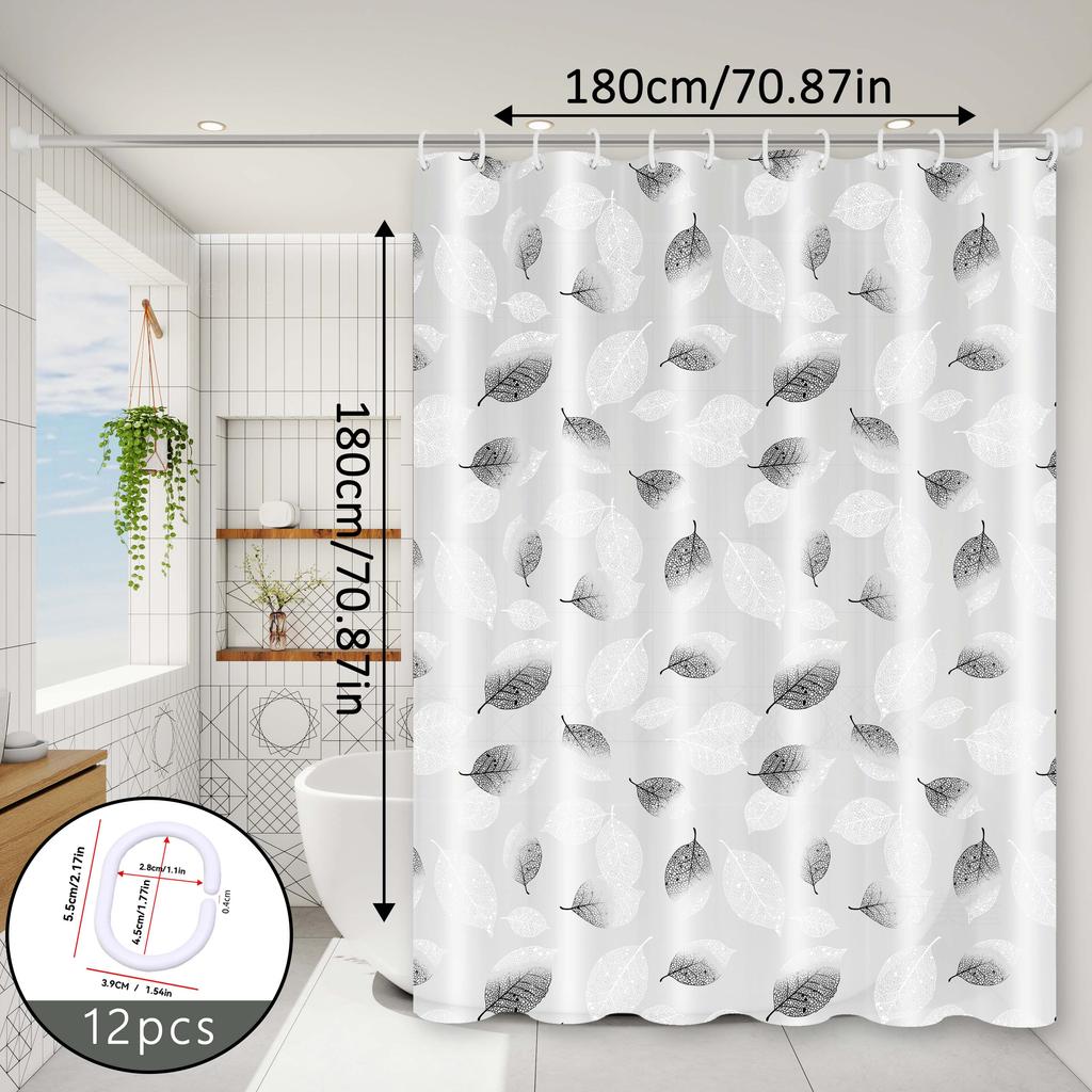Simple and Fresh Leaf-Patterned Bathroom Shower Curtain, Blocking and Separating Areas, Quick-Drying and Washable