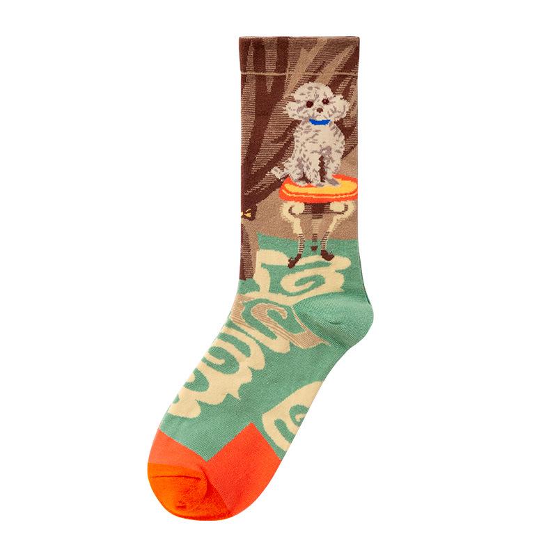 French Retro Abstract Oil Painting Mid-Calf Socks - Trendy Autumn/Winter High-Top Creative Combed Cotton for Women