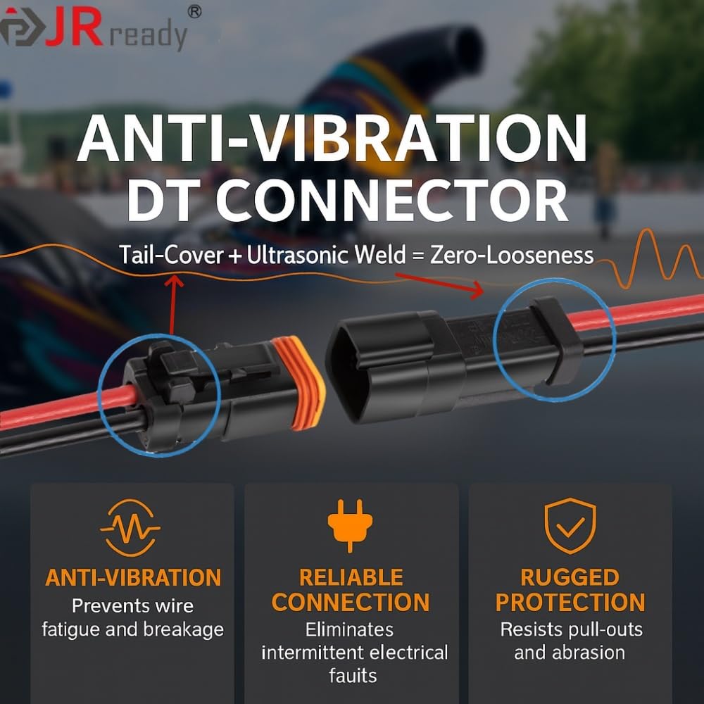 JRready 2 Pin Deutsch Connector Kit - 2 Wire DT Pigtail Black - 6 Sets ST9020 Car Waterproof IP67 Connectors With 24Pcs Butt, 14AWG (UL1015) Thicker