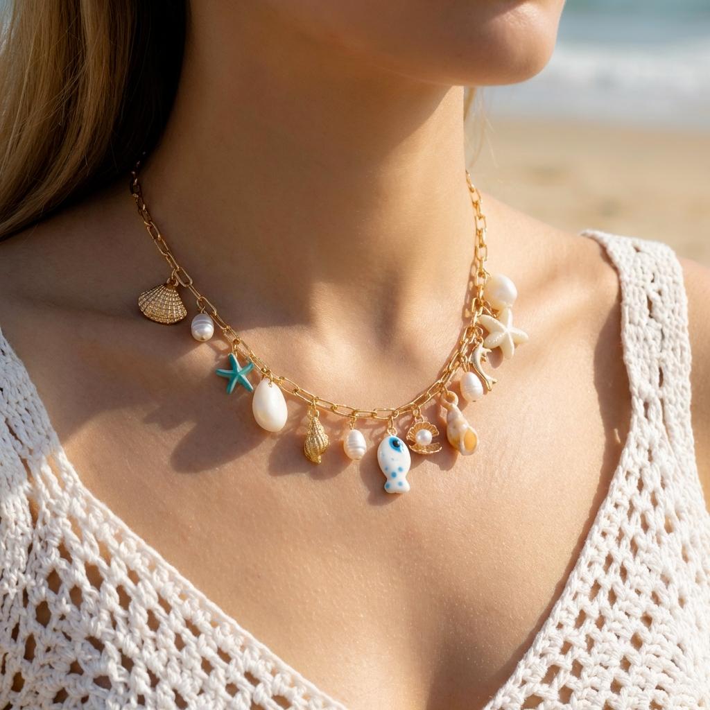 Boho Starfish Scallops Pendant Necklace for Women Ocean Seahorse Pearl Metal Chain Choker Beach Party Aesthetic Jewelry Gifts