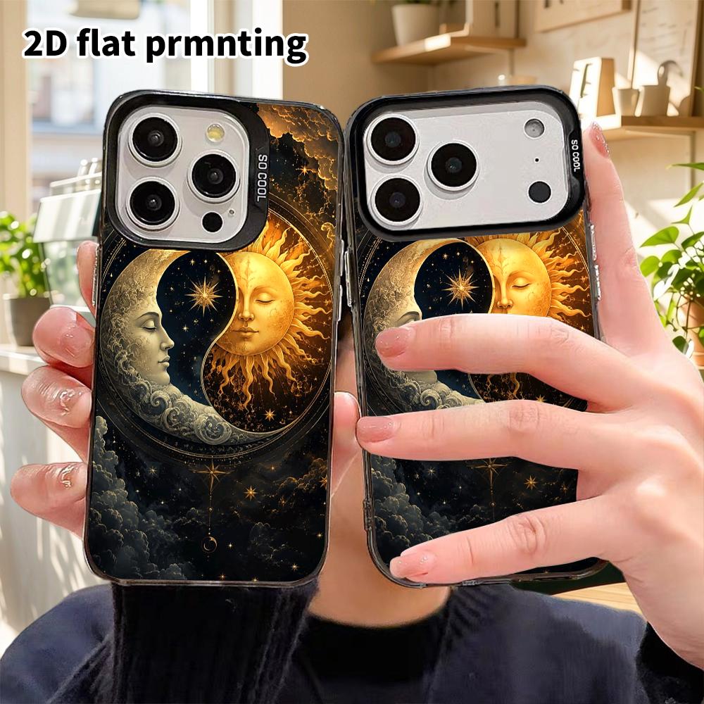 Phone Case: 2D flat design, fits iPhone 18, 17, 16, 15, 14, 13 Pro, color silver protective case, couple style, Sun and Moon Myth, Christmas and Hallo