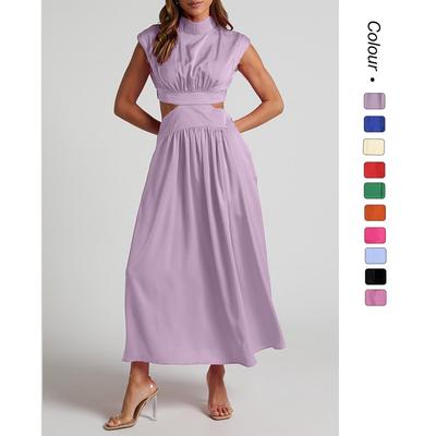 Robe Longue Col Montant Couleur Macaron Découpe Taille - 25e Anniversaire Style Street Doux d'Été Européen & Américain (23003)