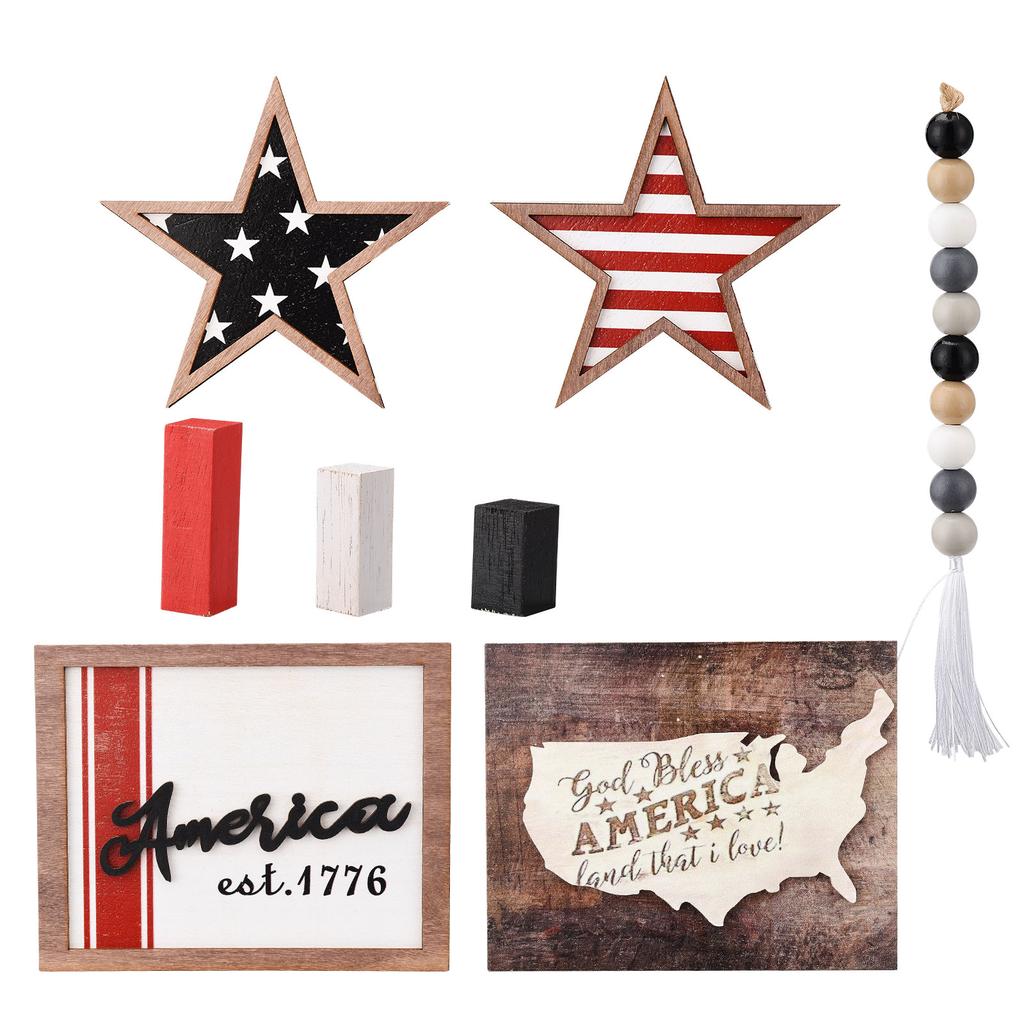 Patriotic Tiered Tray Decor Delicate Engraving Craft Solid Wood Farmhouse Patriotic Tray Decor for Home Table