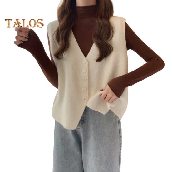 Jesień Zima Damska Kamizelka Dekolt w Serek Zapinana Na Guziki Jednolity Kolor Luźna Dzianina Gruba Utrzymuje Ciepło Bez Rękawów Luźny Sweter Top