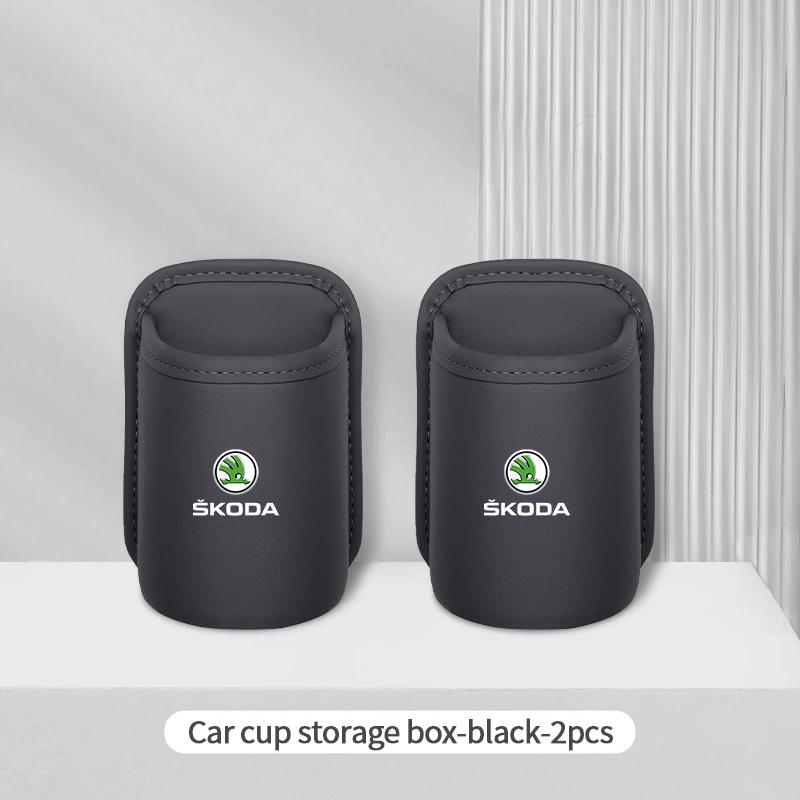 HIAQ2 Leather Car Door Side Water Cup Holder Interior Storage Box For Skoda Superb Octavia Rapid Karoq Enyaq Fabia Kamiq Yeti Scala