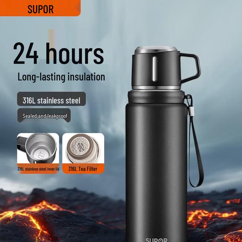 SUPOR 1000ml 316L Stainless Steel Dual-Drink Outdoor Thermos Mug