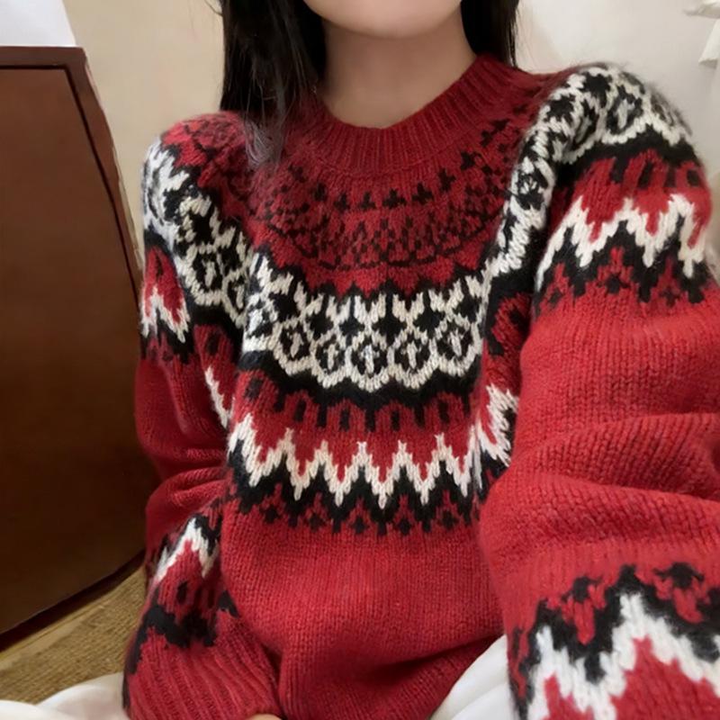 Women's Red Fair Isle Wool Sweater - Round Neck, Loose Fit, Thick Knit