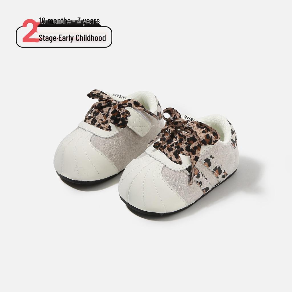 Spring 2026 Girls' Retro Leopard Print Baby Walker Shoes - Ugly Cute, Color Block Design.