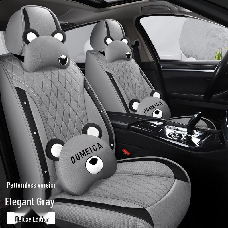 Star Chi Elantra Linen Cartoon Bear Car Seat Cushion - Four Seasons Suitable
