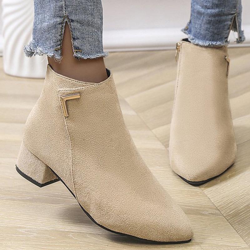 Fashion 2025 Spring Autumn Fashion Faux Suede Ankle Boots Women Solid Color Zipper Boots Woman Metal Decoration Pointed Toe Botas Lady