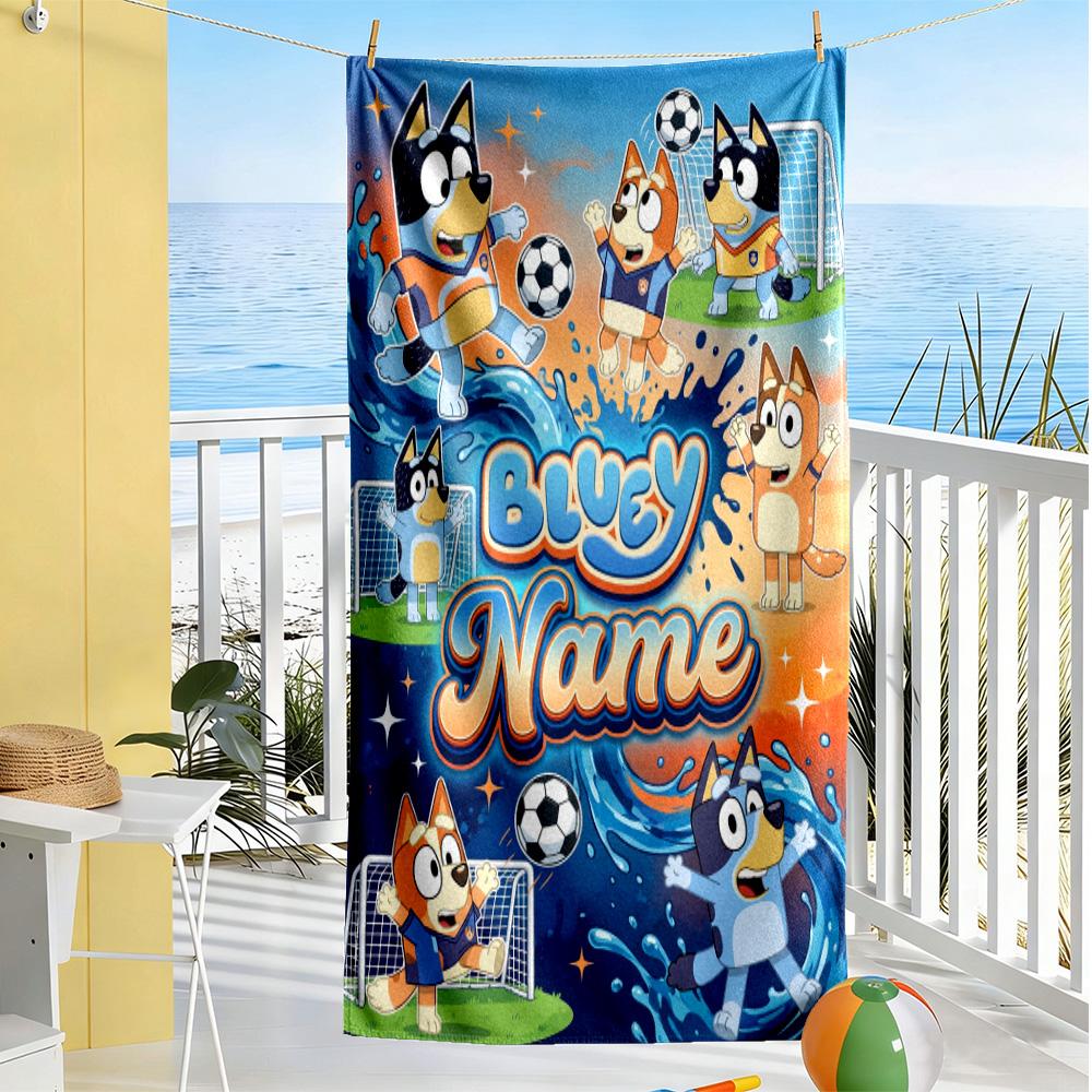 Soccer Fun Bluey Personalized Name Beach Towel Super Soft & Absorbent Ideal for Travel Outdoor Swim Pool Yoga Surf Camping Hiking Gym Gift Holiday