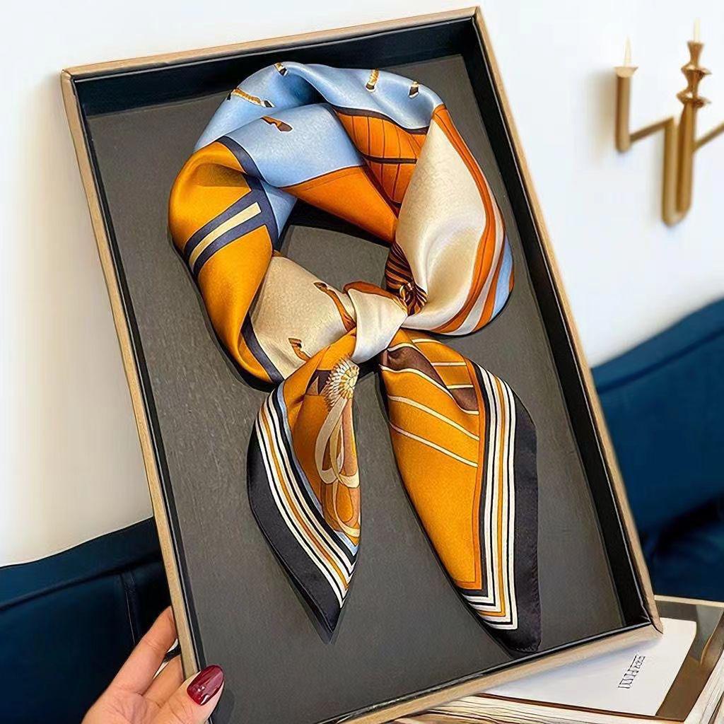 High-End Women's Lightweight Silk Square Scarf - Temperament Print Neckerchief for Neck Protection and Decoration.