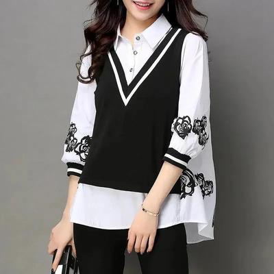 POLO Collar Plus Size Women's Korean Version of Loose Plus Fat Three-quarter Sleeve Fake Two-piece Fashion Shirt