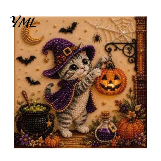 DIY Decorative Wall Hanging Halloween Cat Faux Pearl Painting Art Kit, Spooky 3D Beads Crafting Kits for Beginners Crafts, Cute Witch Gem Adults,