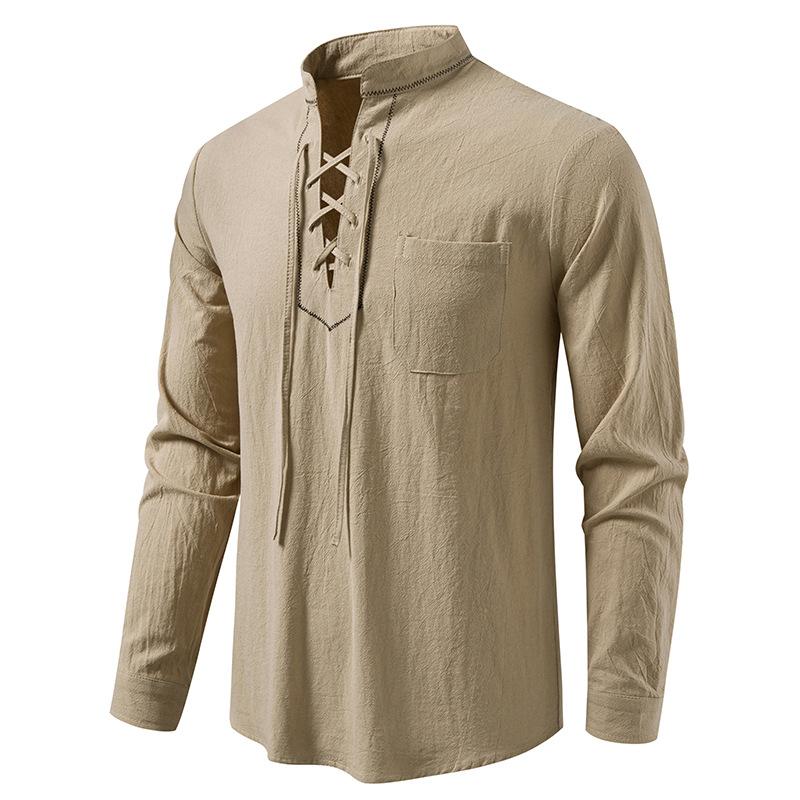 Men's Lace-Up Stand Collar Long Sleeve Shirt Casual Retro Top for Men Spring Autumn Fashion Multi-Color Male Blouse