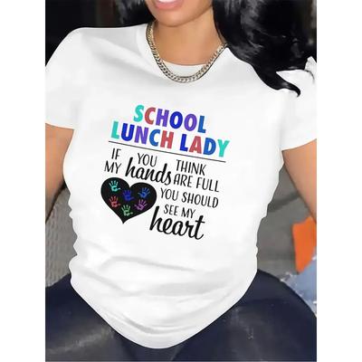 European Sizes Women'S Black T-Shirt with Colorful Heart Graphic - "If You Think My Hands Are Full, See My Heart" Design Perfect for Lunch Ladies