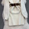 Autumn Winter Women Elegant O-neck Knitted Sweater Chic Mini Short Straight Pullover Dresses with Belt