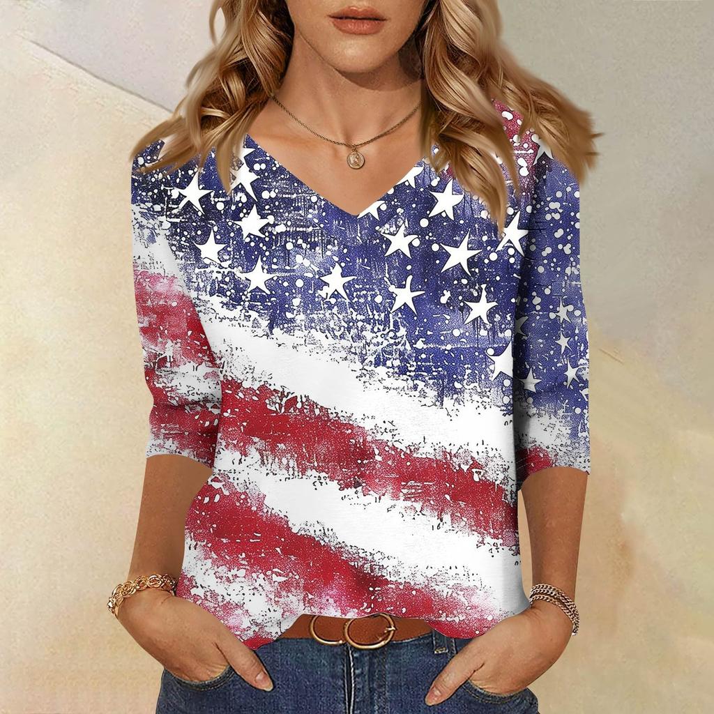 Women's Tops Three-quarter Sleeve Shirt V-neck Loose Casual Shirt Print T-shirt