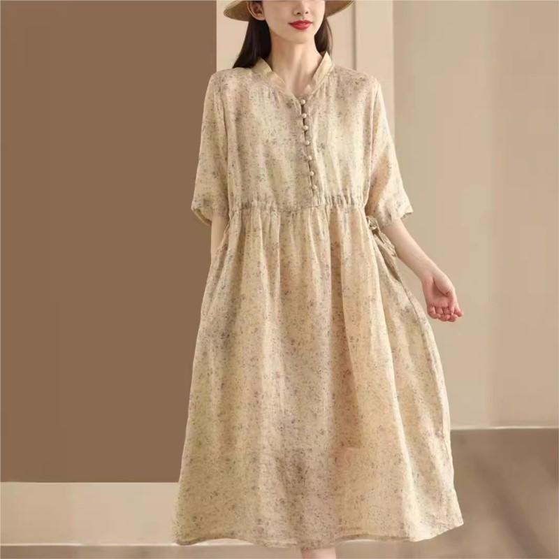 Johnature Women Vintage Dress Print Floral High Quality Stand Half Sleeve Chinese Style Cloths Summer Dress