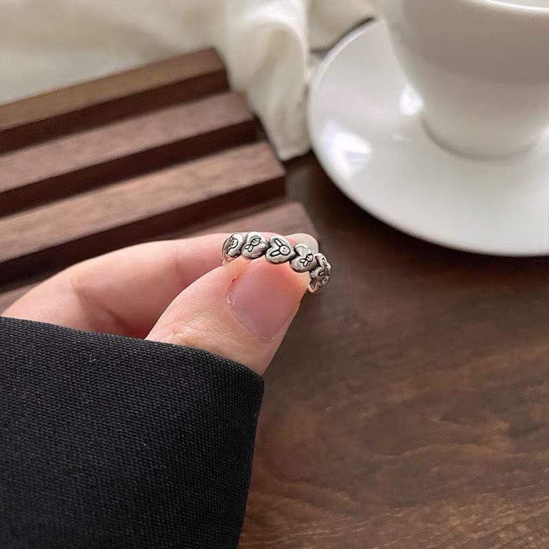 Chao Xiaobai 925 Sterling Silver Heart & Little Rabbit Adjustable Ring for Women - Fashionable, Versatile, and Stylish
