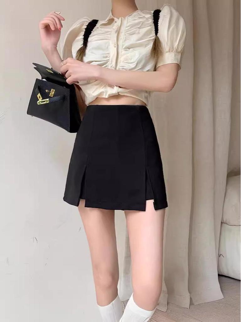 2024 Summer Women's High Waist Black A-Line Slit Culottes Skirt
