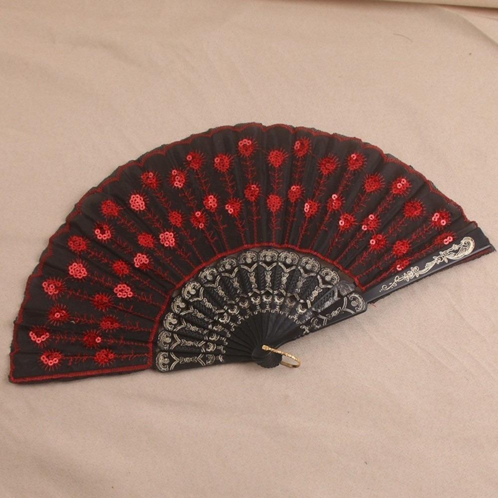 Sequin Embroidery Chinese Folding Fan Peacock Pattern Handheld Fan Plastic Fan Home Decor