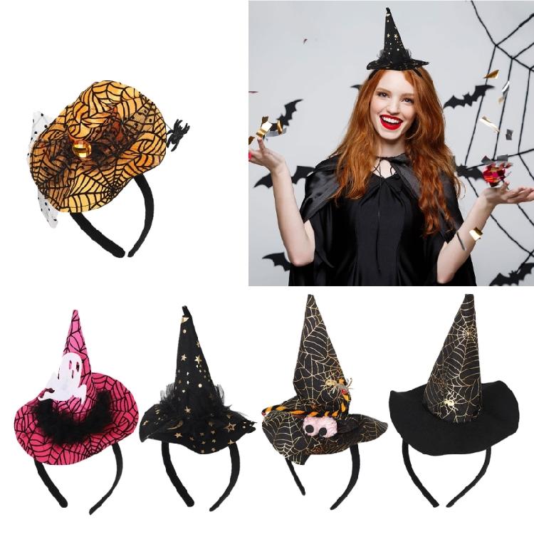Festival Halloween Witch Hat Hairband with Mesh for Women Men Cosplay Spiderwebs Wizard Caps Headband Costume Accessory
