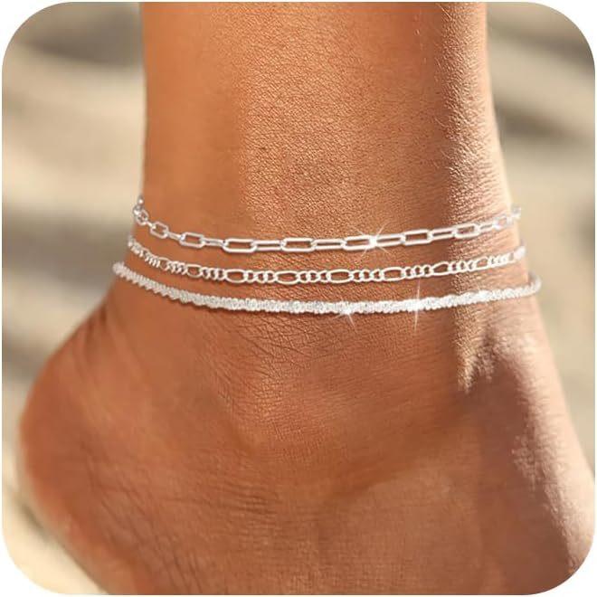 Braccialetti Cavigliera in Argento Sterling 925 per Donna Impermeabili Sottili Stratificati Catene Caviglia Cavo Intrecciato Perline Set di Cavigliere da Spiaggia